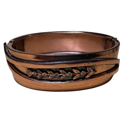 MCM Renoir raised leaf design copper hinge clamper style bracelet signed estate - Picture 1 of 8